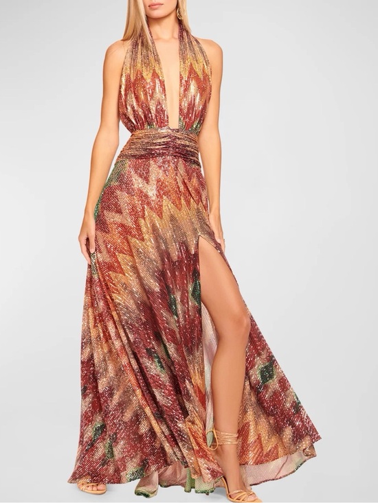 Ramy Brook Dresses & Skirts - Ramy Brook Reyna Rust and Gold Plunging Halter Zigzag Maxi Dress